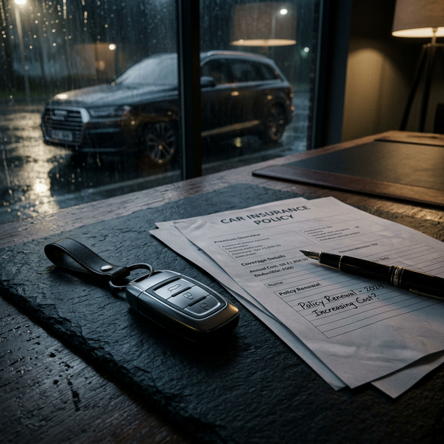 Car keys and documents representing car insurance costs