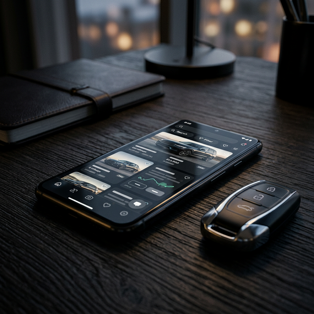 Smartphone showing car listings next to keys